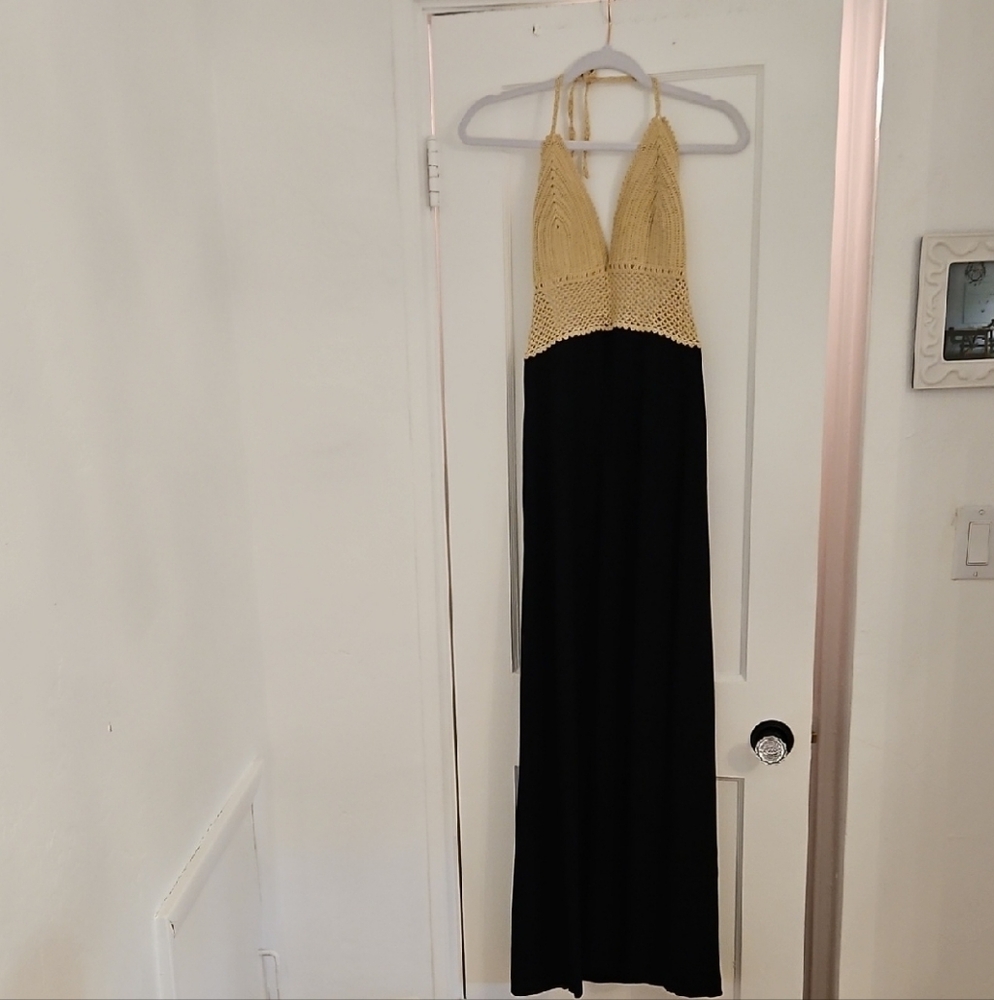 Vix Black and Cream Halter Maxi Dress Beach Summer Pool Party Backless